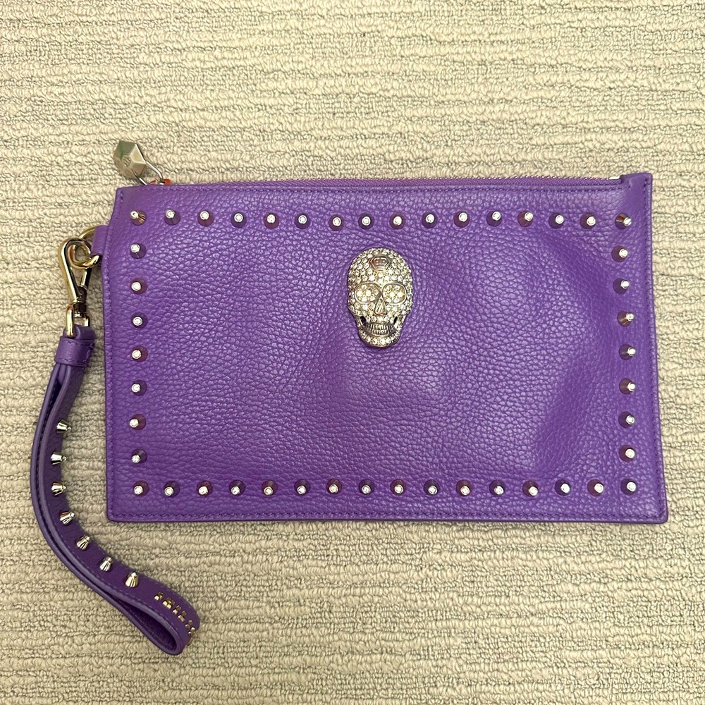 Authentic Philipp Plein purple pebbled leather wristlet clutch